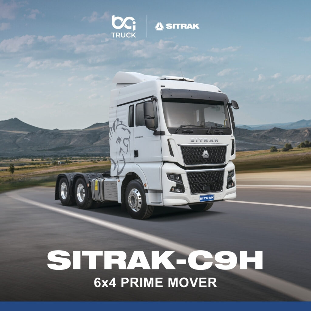 Sitrak C9H 6x4 prime mover truck by BCI Truck, powered by a Sinotruk 660HP WP15 engine with ZF AMT transmission, heavy-duty safety systems and advanced driver comfort features.