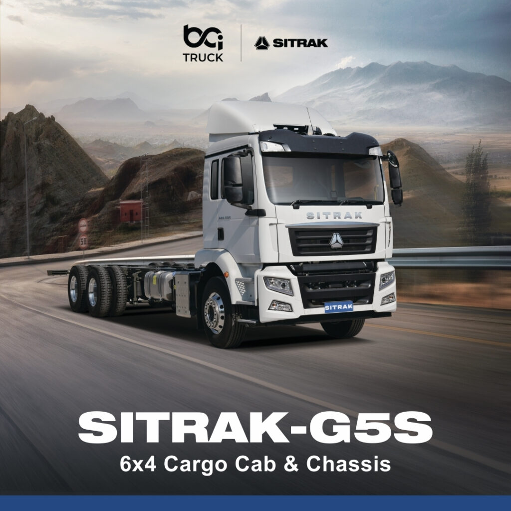 Sitrak G5S 6x4 tipper truck Euro 6 by BCI Truck, powered by a Sinotruk MC07 engine with Allison 3200P automatic transmission, heavy-duty drivetrain and advanced safety systems.