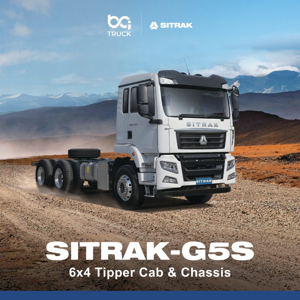 Sitrak G5S 6x4 Euro 6 tipper truck by BCI Truck, powered by a Sinotruk MC07 engine with Allison 3200P automatic transmission, heavy-duty drivetrain and advanced safety systems.
