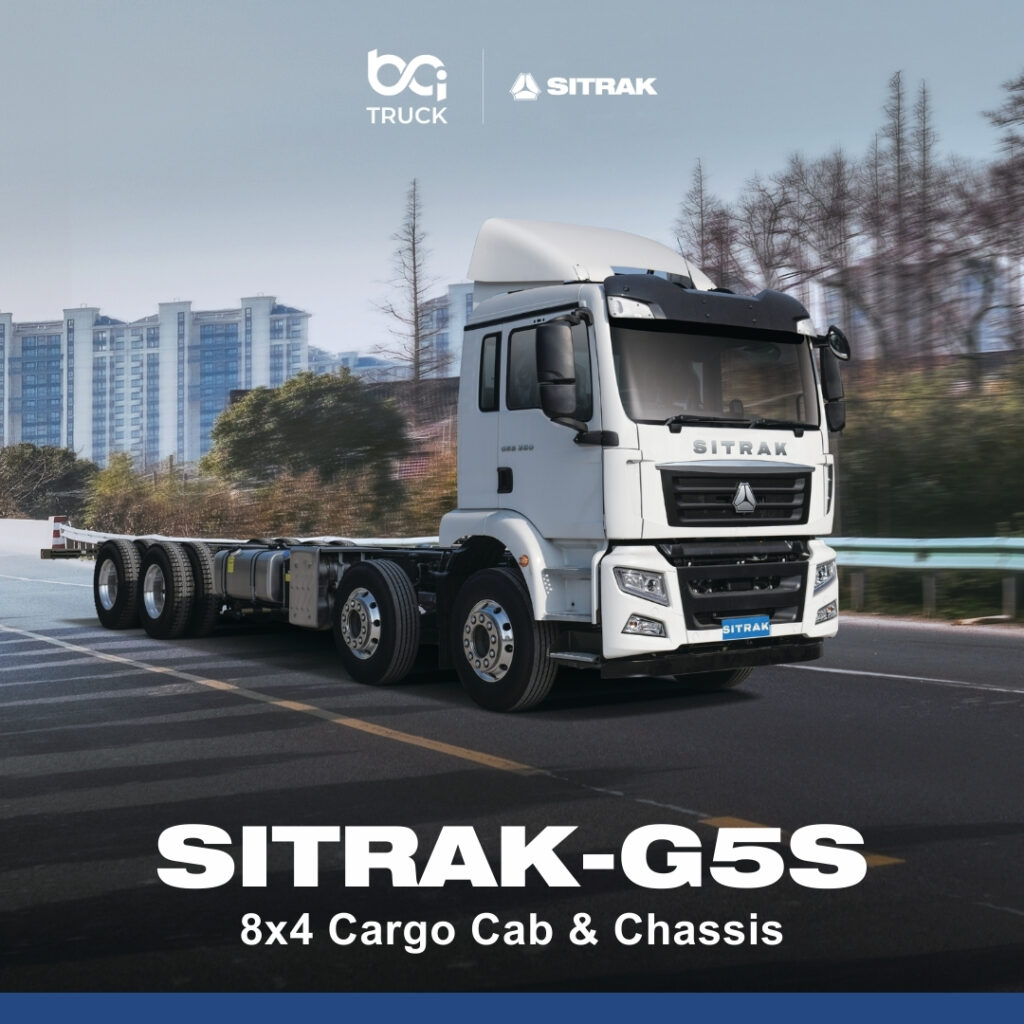 Sitrak G5S 8x4 Euro 6 cargo truck by BCI Truck, powered by a Sinotruk MC07 engine with Allison 4430 automatic transmission, heavy-duty drivetrain and advanced safety systems.