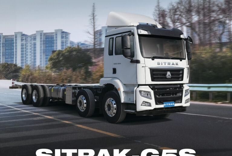 Sitrak G5S 8x4 Euro 6 cargo truck by BCI Truck, powered by a Sinotruk MC07 engine with Allison 4430 automatic transmission, heavy-duty drivetrain and advanced safety systems.