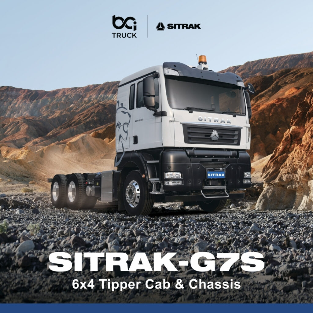 Sitrak G7S 6x4 Euro 6 tipper truck by BCI Truck, powered by a Sinotruk MC13 engine with ZF AMT transmission, heavy-duty drivetrain and advanced safety systems.