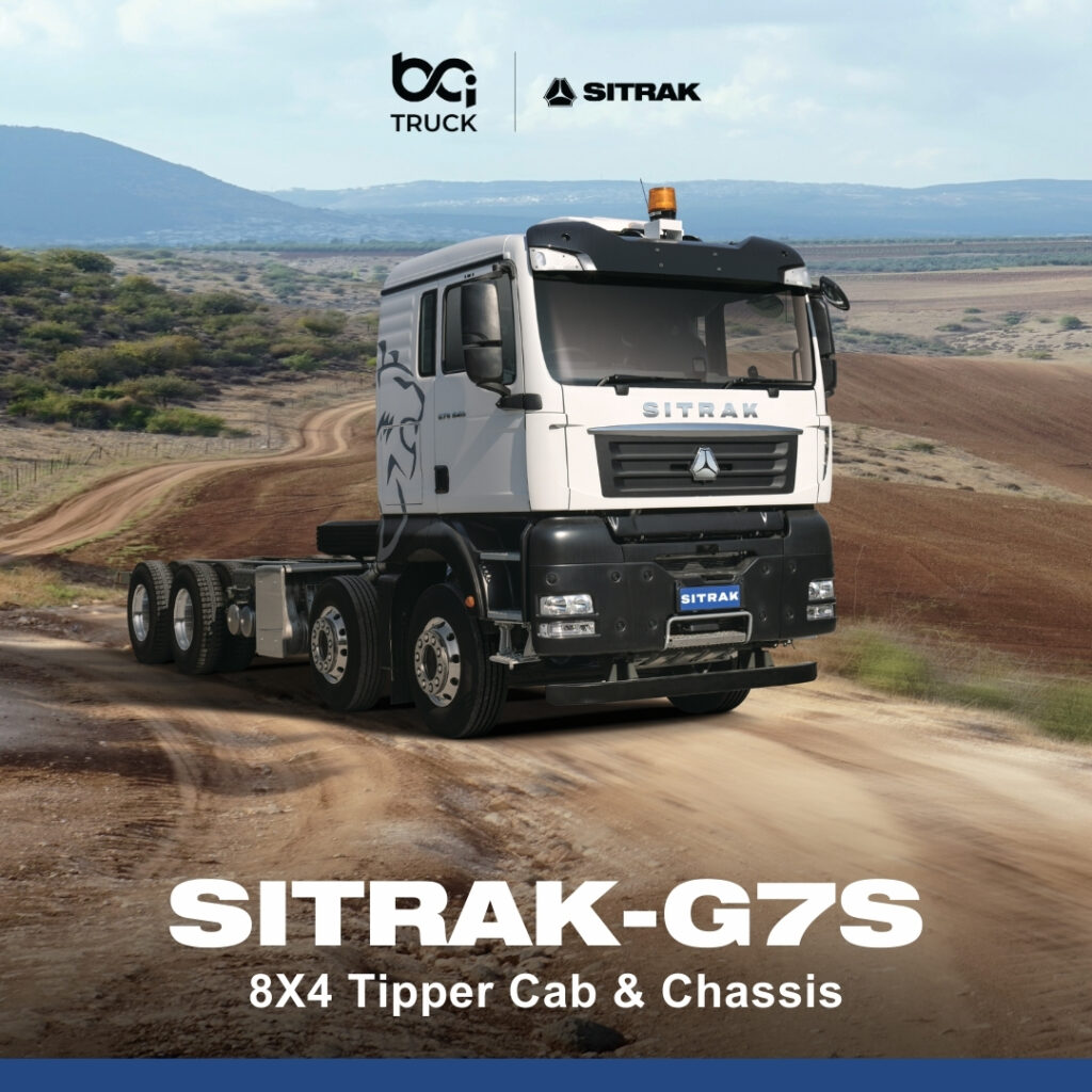 Sitrak G7S 8x4 Euro 6 tipper truck by BCI Truck, powered by a Sinotruk MC13 engine with ZF AMT transmission, heavy-duty drivetrain and advanced safety systems.
